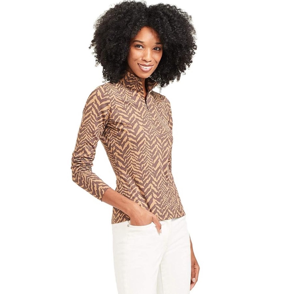 J.McLaughlin Bedford Brown Tigre Print 1/4 Zip Top Shirt Large Safari Catalina